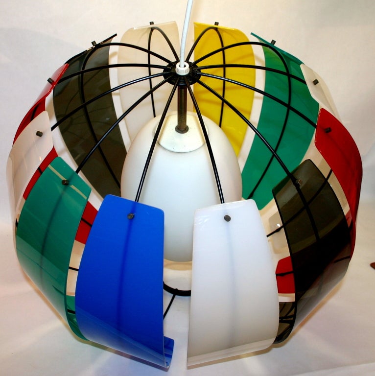 American Colorful Lightolier Round Metal and Ribbed Lucite Pendant Light