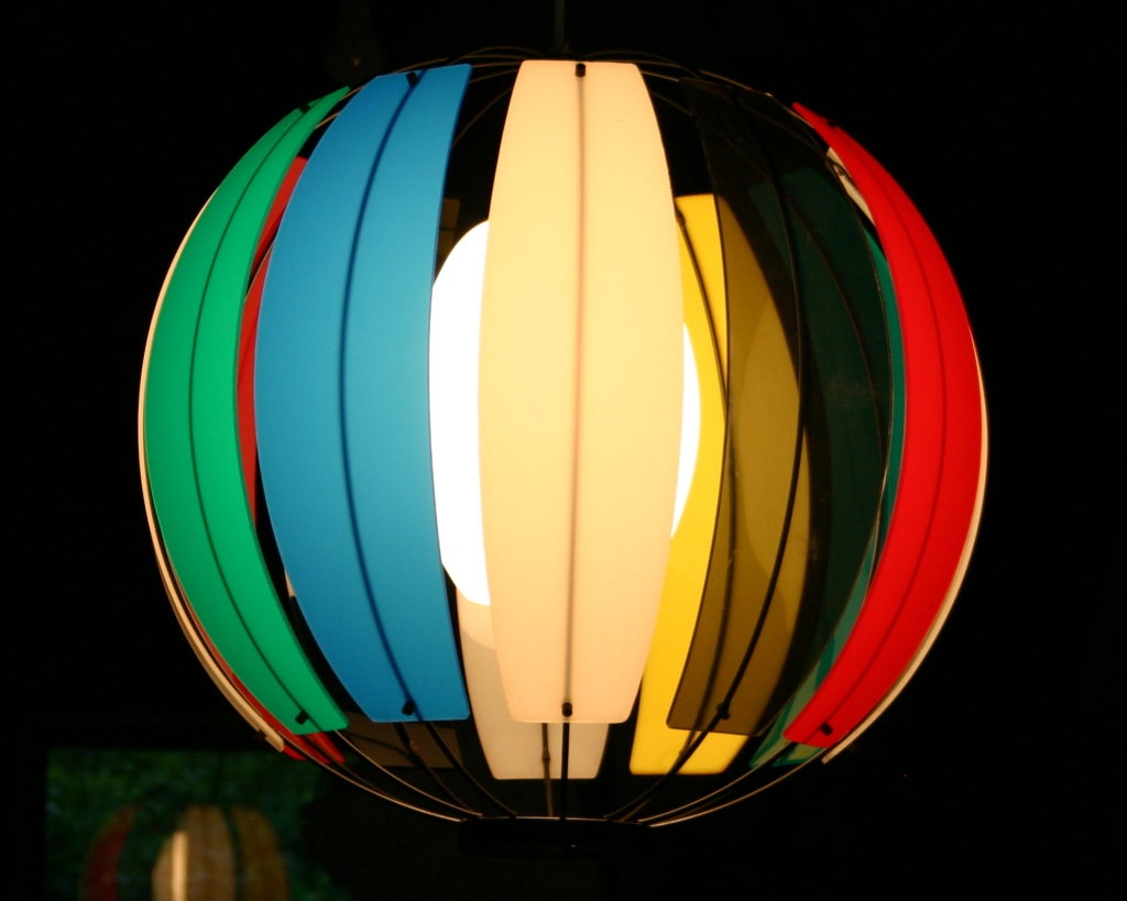 Brass Colorful Lightolier Round Metal and Ribbed Lucite Pendant Light