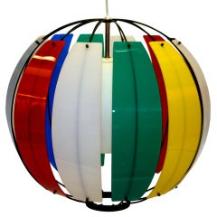 Colorful Lightolier Round Metal and Ribbed Lucite Pendant Light