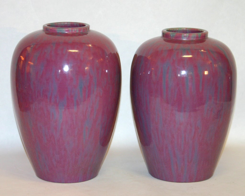 Large pair of Art Deco Awaji pottery ginger jars in pink flambé glaze, circa 1930. Impressed marks. Measures: 12