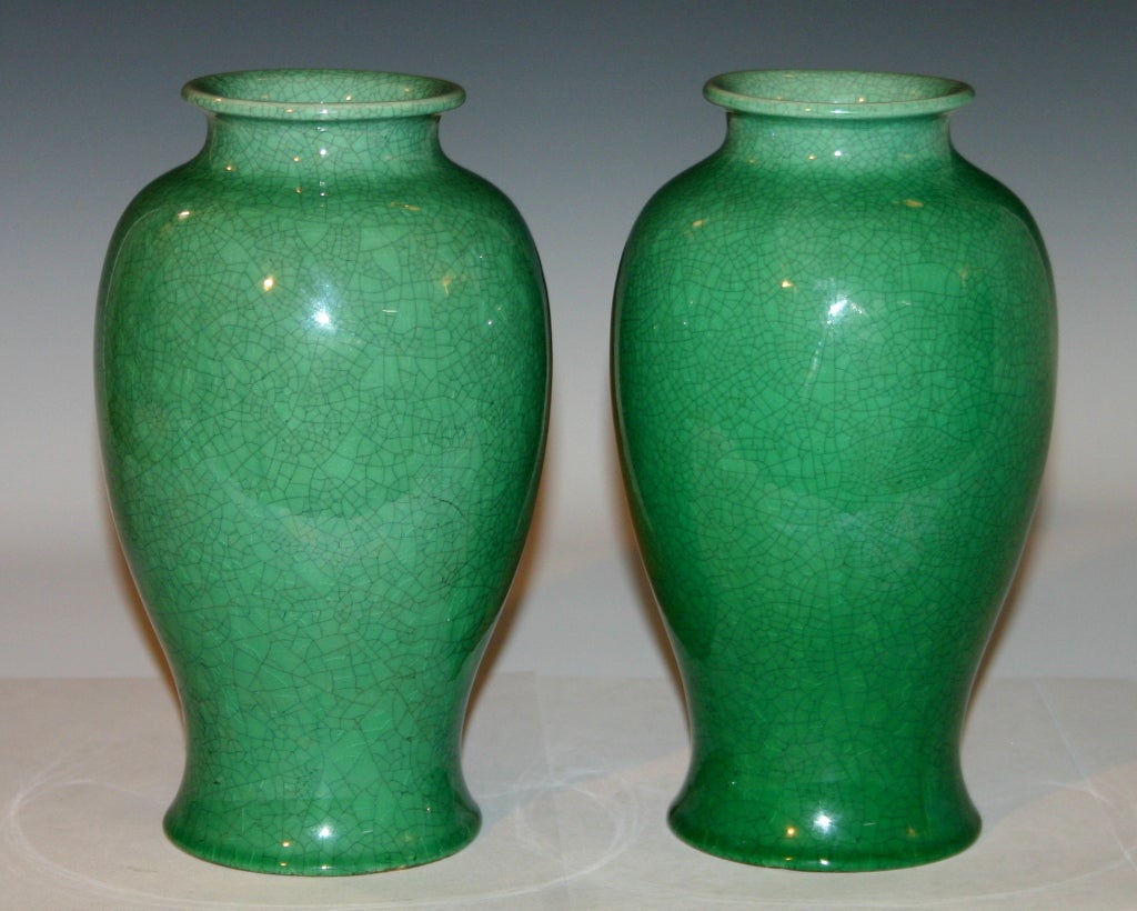 Pair Awaji pottery vases in beautiful green crackle glaze. Impressed export and kiln marks.