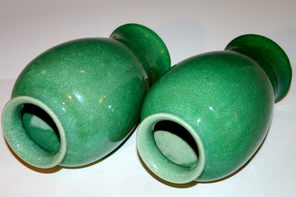 Art Deco Pair Awaji Green Crackle Vases