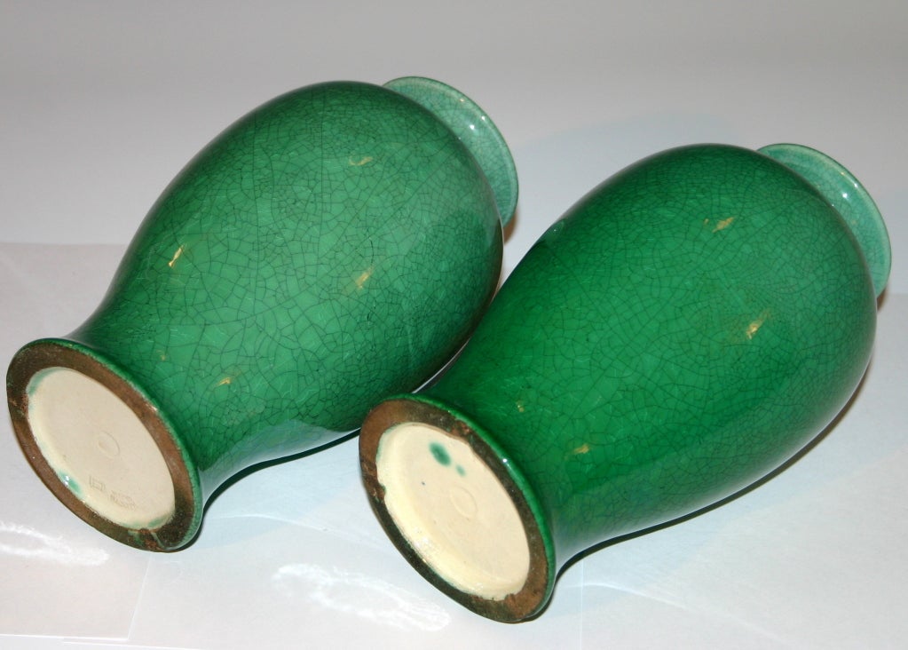 Japanese Pair Awaji Green Crackle Vases
