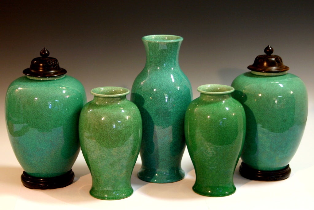 Hand-Crafted Pair Awaji Green Crackle Vases