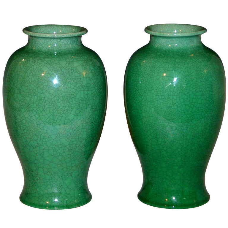 Pair Awaji Green Crackle Vases