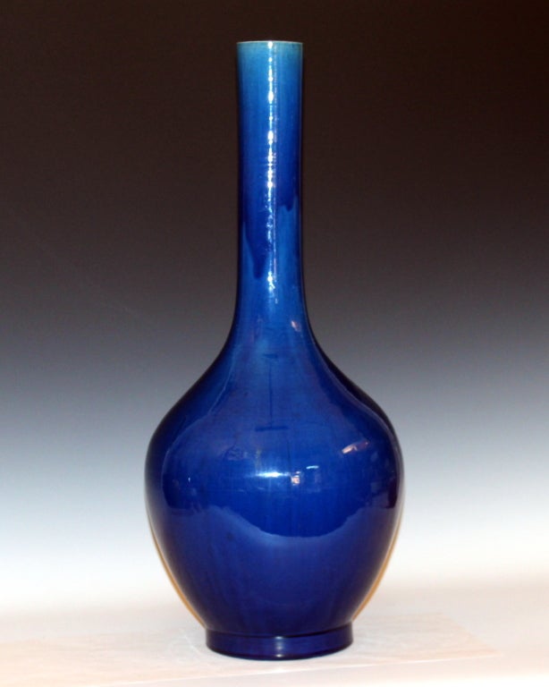 Japanese Large Antique Kyoto Pottery Point Bottle Vase in Blue Crackle Glaze For Sale