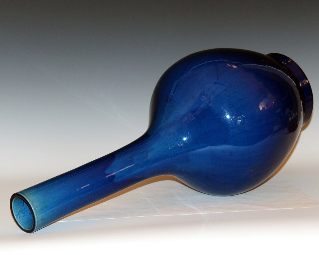 Turned Large Antique Kyoto Pottery Point Bottle Vase in Blue Crackle Glaze For Sale