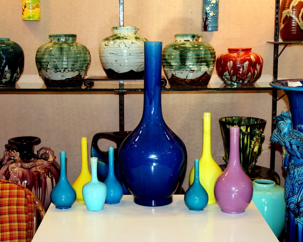 Large Antique Kyoto Pottery Point Bottle Vase in Blue Crackle Glaze 1