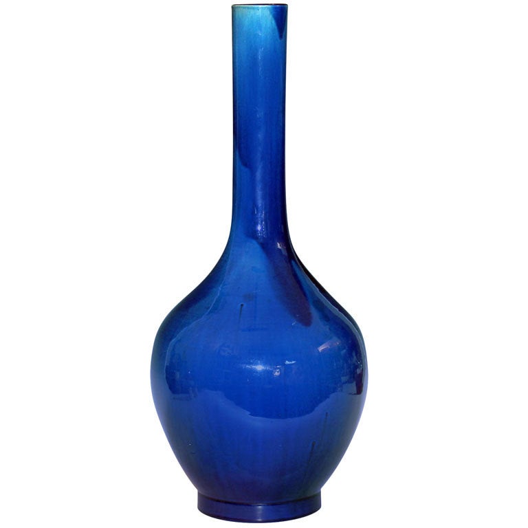 Large Antique Kyoto Pottery Point Bottle Vase in Blue Crackle Glaze