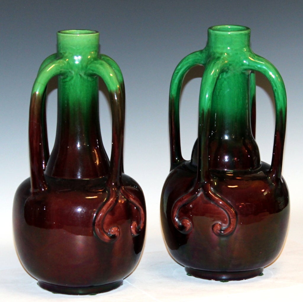 Pair of Kyoto pottery Art Nouveau tendril handle vases, enclosing a long-necked, modified double gourd form. Organic form and color. 12