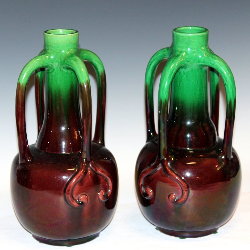Japanese Pair of Antique Kyoto Pottery Organic Form Art Nouveau Vases For Sale