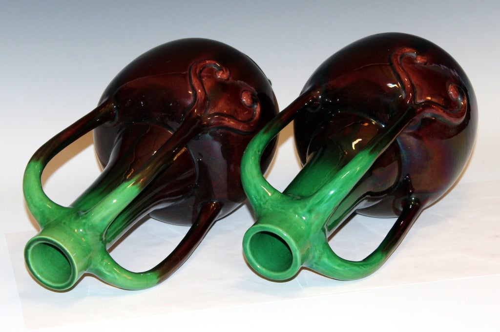 Turned Pair of Antique Kyoto Pottery Organic Form Art Nouveau Vases For Sale