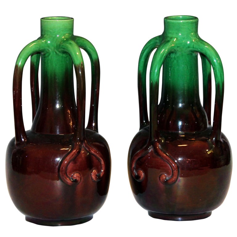 Pair of Antique Kyoto Pottery Organic Form Art Nouveau Vases For Sale