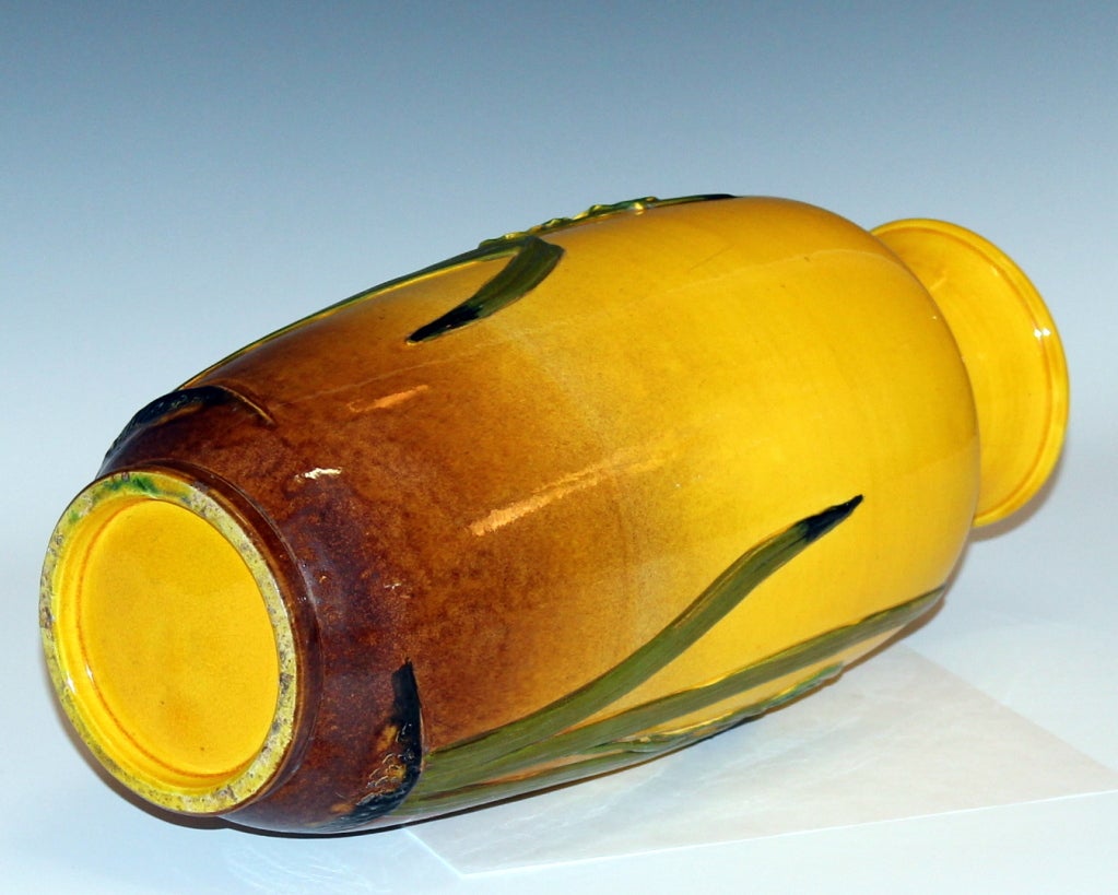 Japanese Antique Awaji Pottery Vase with Applied Irises on Yellow Ground
