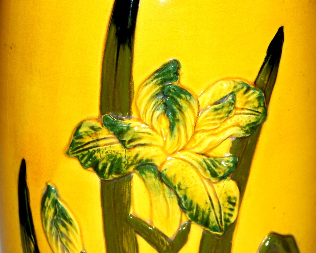 Turned Antique Awaji Pottery Vase with Applied Irises on Yellow Ground