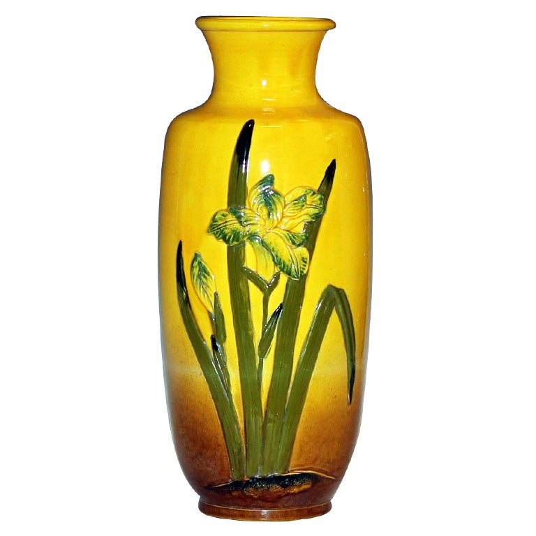 Antique Awaji Pottery Vase with Applied Irises on Yellow Ground