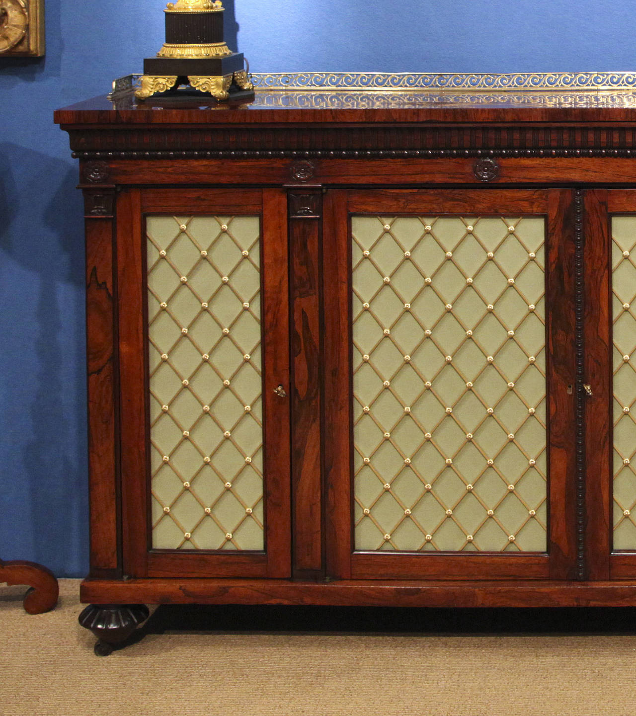 Carved Antique William IV Figured Rosewood Credenza, English, circa 1815-1830
