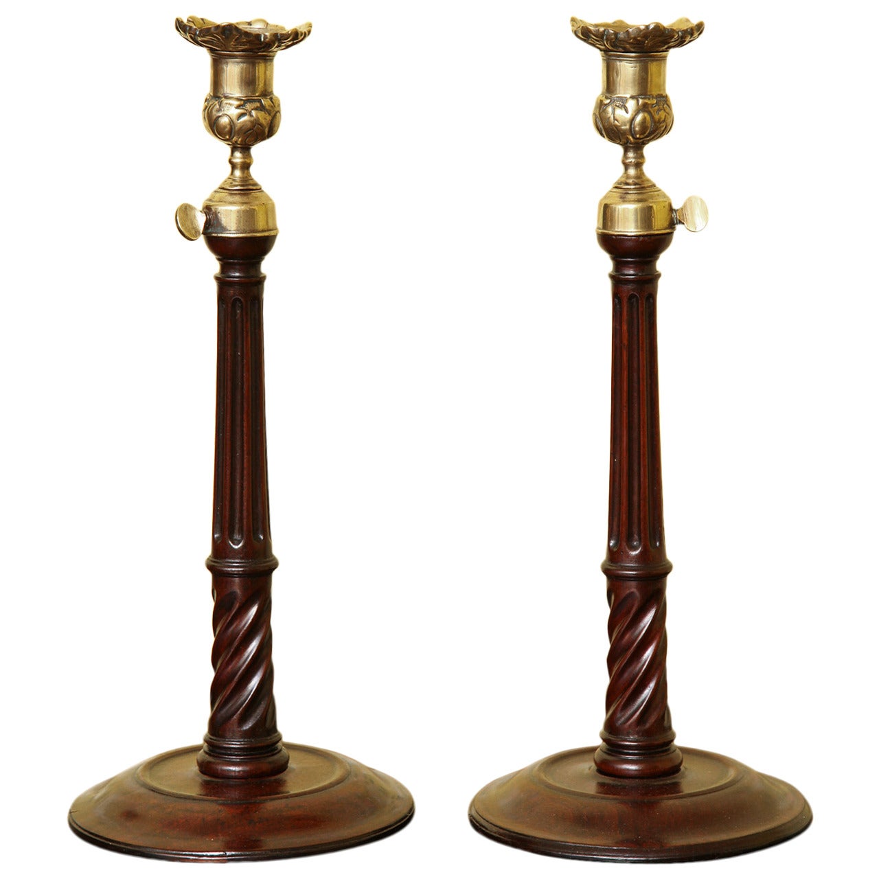 Pair of George III Mahogany Brass and Steel Candlesticks, English, circa 1765 For Sale