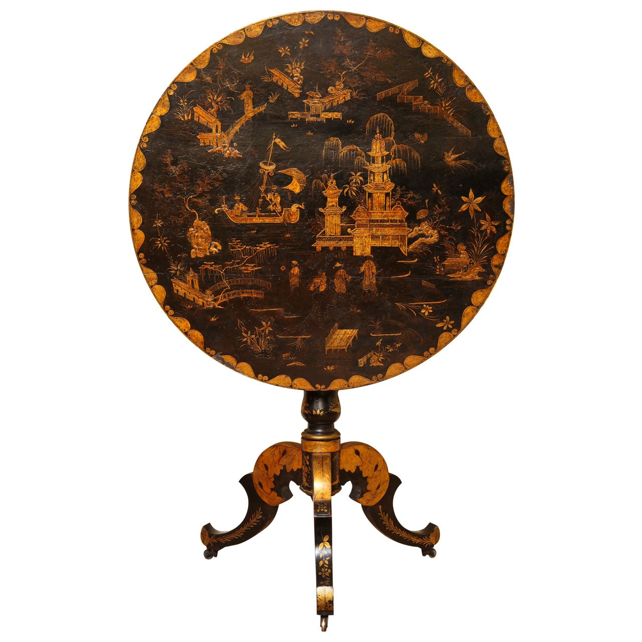 Japanned Chinoiserie Gilt Decorated Circular Tilt-Top Table, French, circa 1810 For Sale