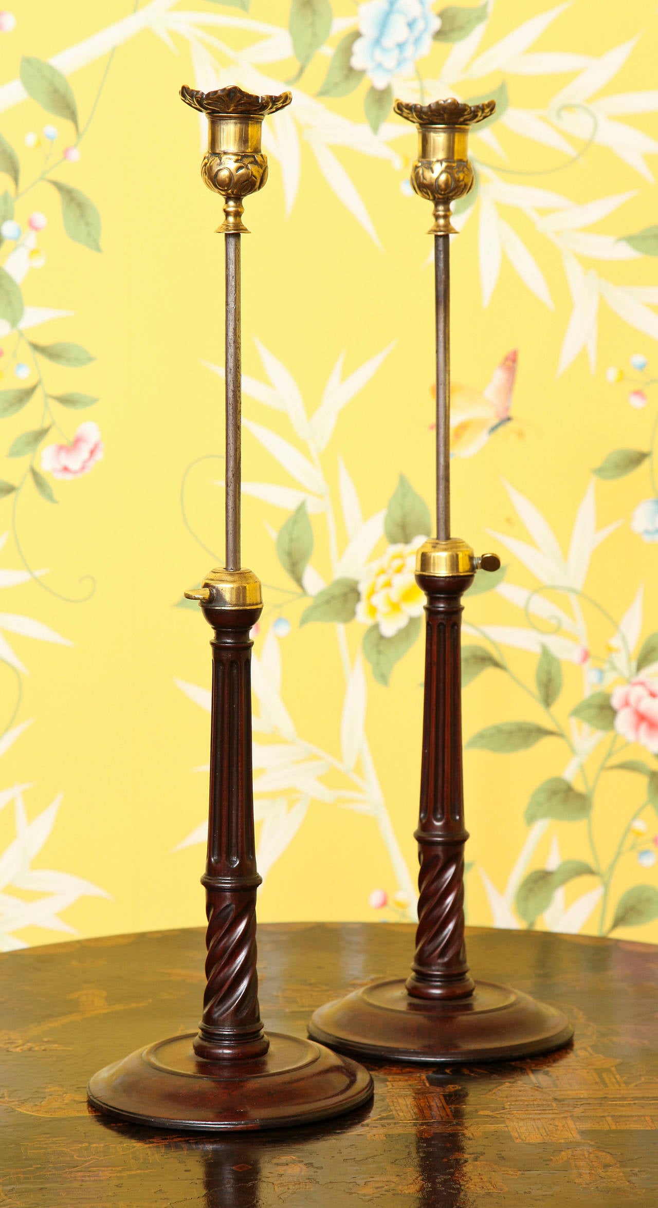 Mid-18th Century Pair of George III Mahogany Brass and Steel Candlesticks, English, circa 1765 For Sale