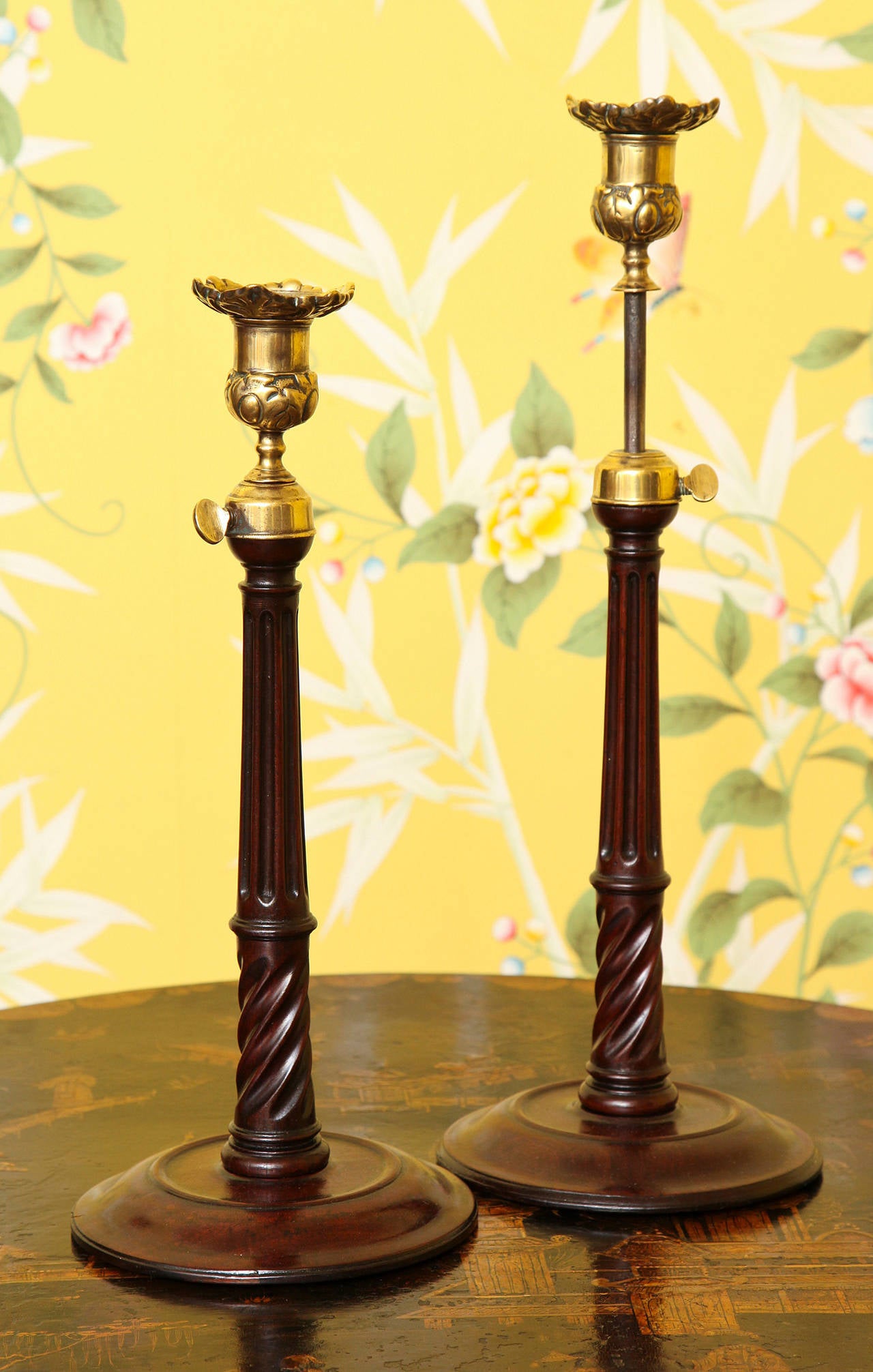 British Pair of George III Mahogany Brass and Steel Candlesticks, English, circa 1765 For Sale