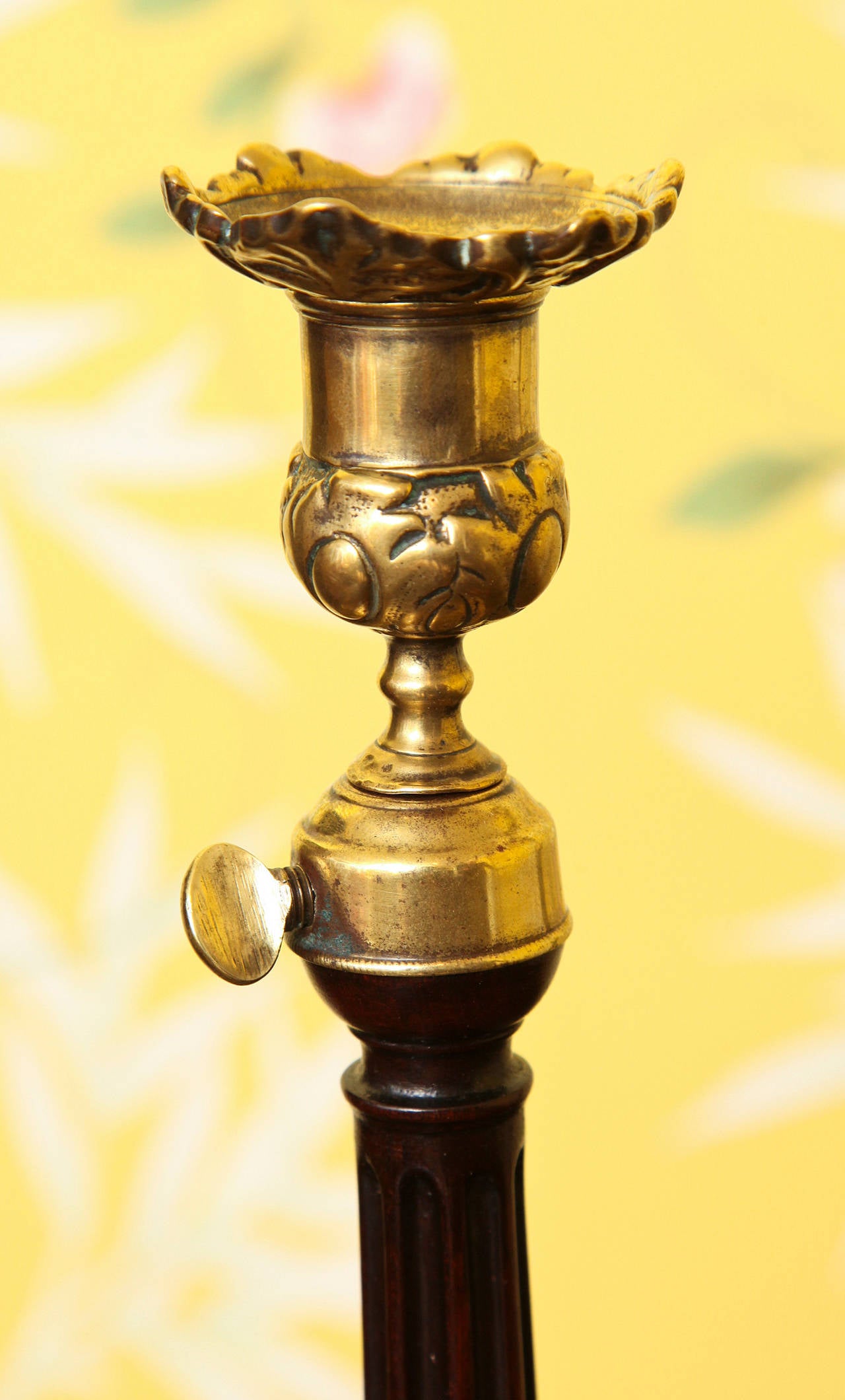 A rare pair of George III mahogany brass and steel columnar candlesticks, each with foliate nozzle and leaf cast drip-tray and thumb screw on a fluted and spiralled column having a moulded circular tapered base with inset lead weight. English, circa