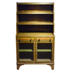 Antique Fine Regency period green painted open bookshelves