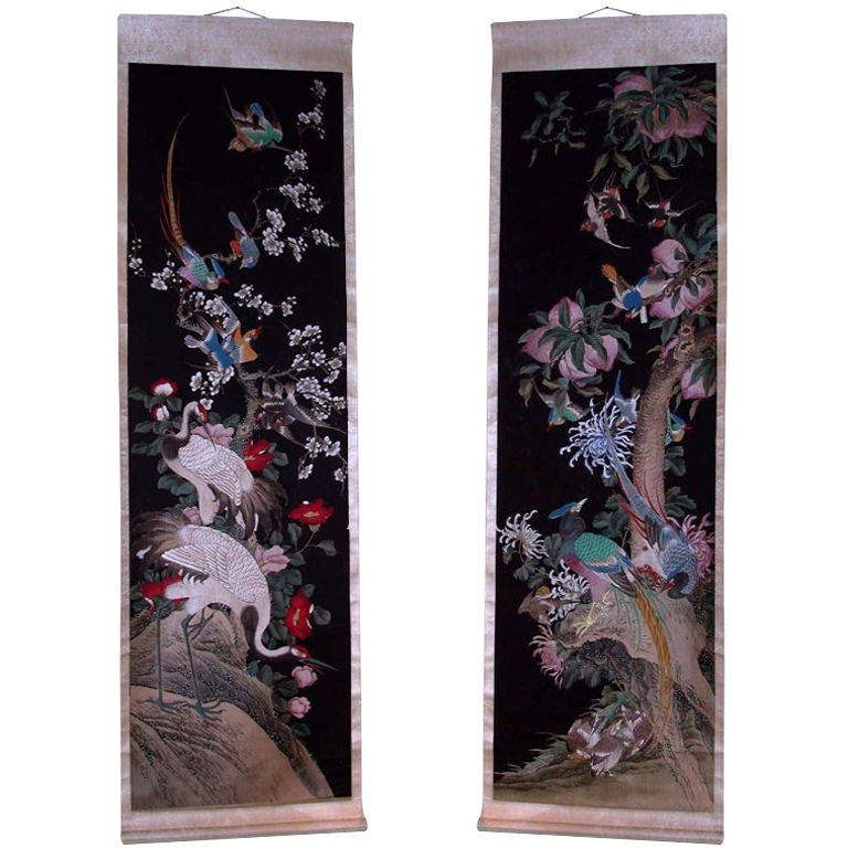 Pair of Chinese Hand-Painted Scrolls on Paper Mounted Silk, circa 1840 For Sale