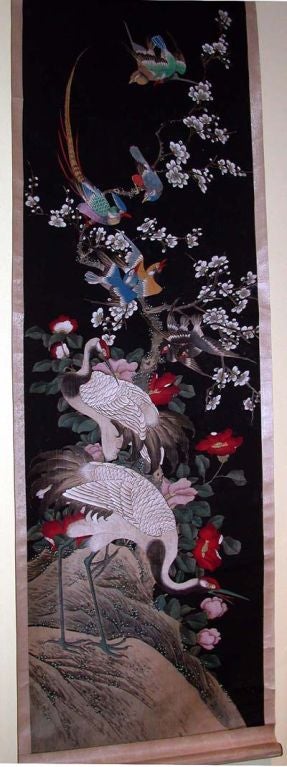 A fine pair of 19th century hand-painted scrolls on paper mounted silk, with images of birds and flowering trees, Chinese, circa 1840.