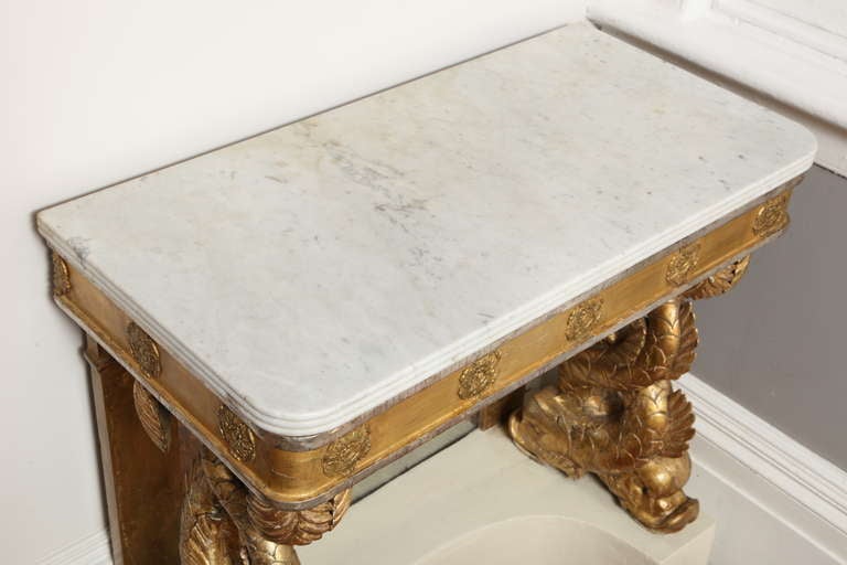 Baltic Carved Giltwood Dolphin Console Table, Original Marble Top Swedish circa 1820 For Sale