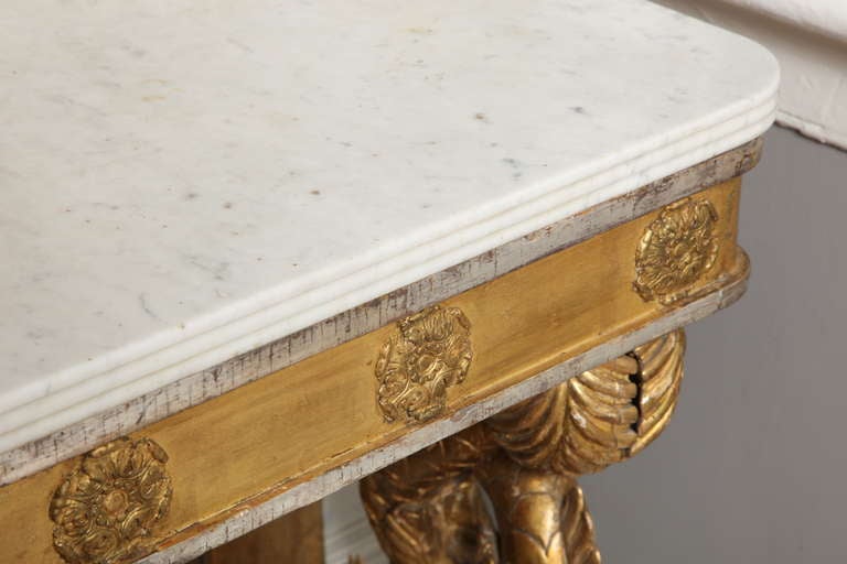 Carved Giltwood Dolphin Console Table, Original Marble Top Swedish circa 1820 For Sale 1