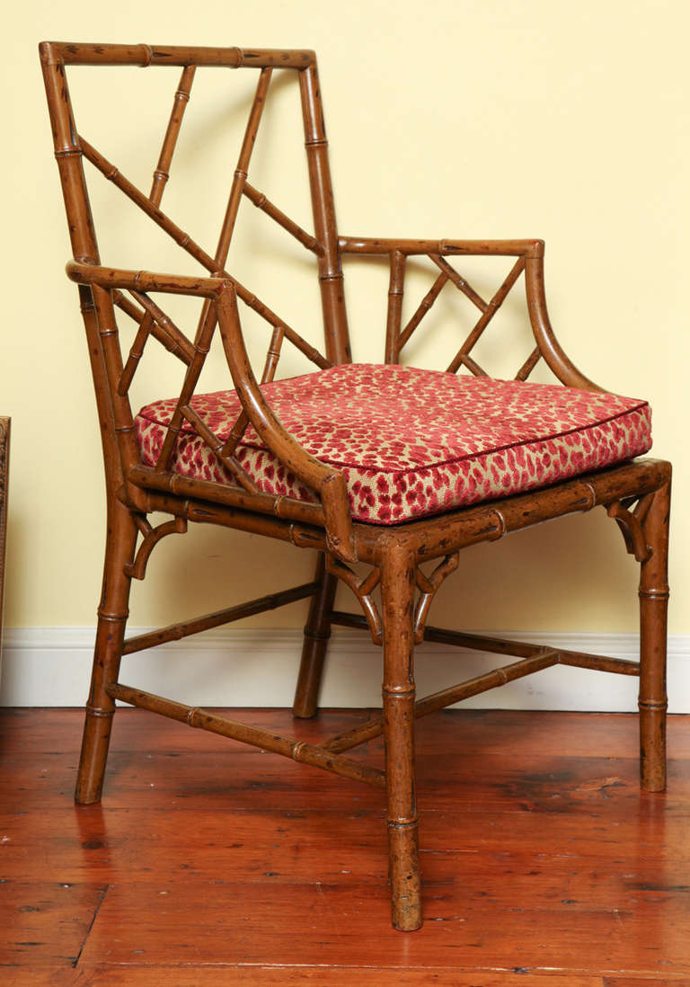 Cane Antique Pair of Chinese Chippendale Cockpen Open Armchairs, circa 1765