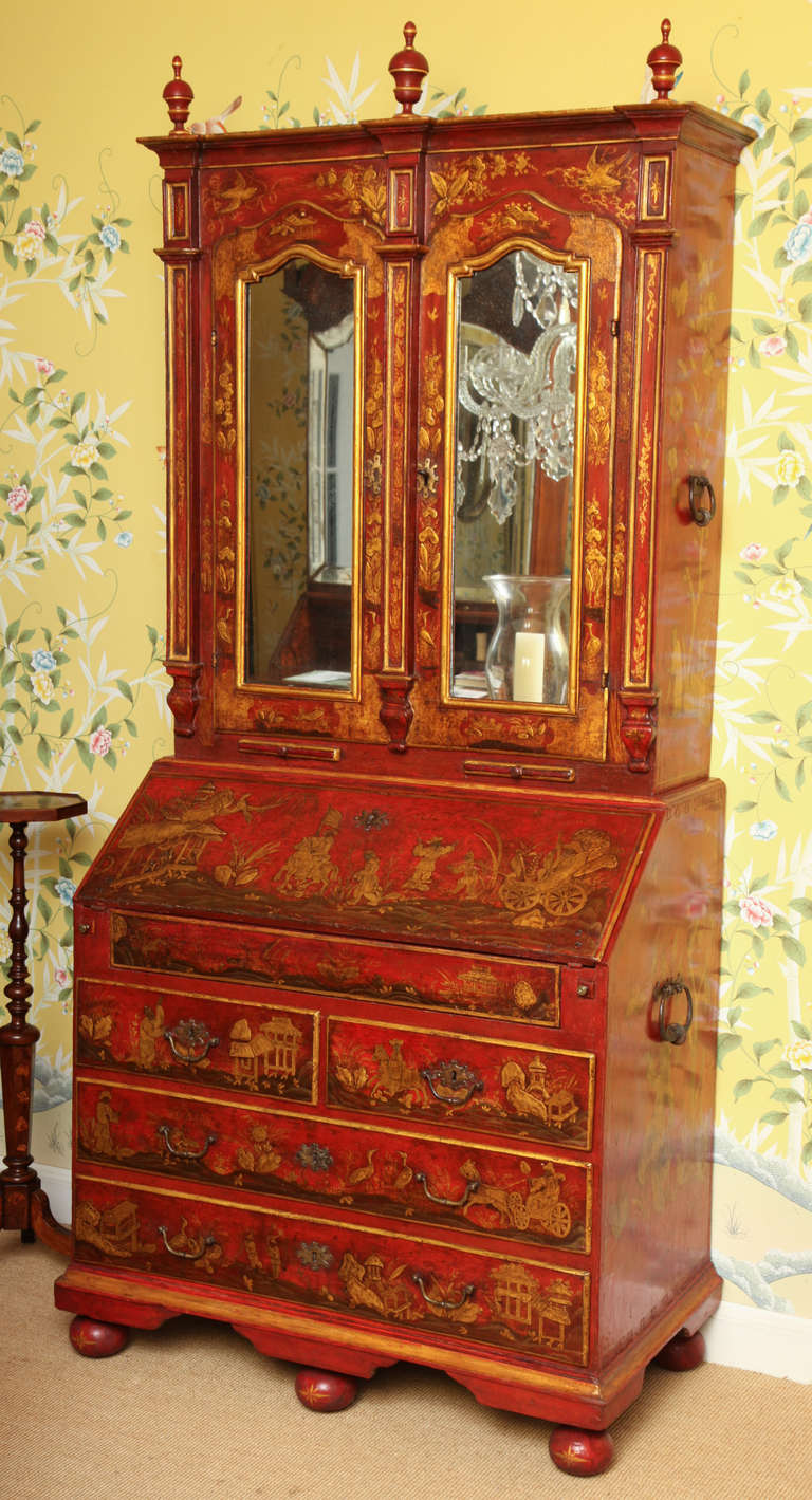 Rococo Important Venetian Red Japanned Chinoiserie Bureau Bookcase, circa 1750