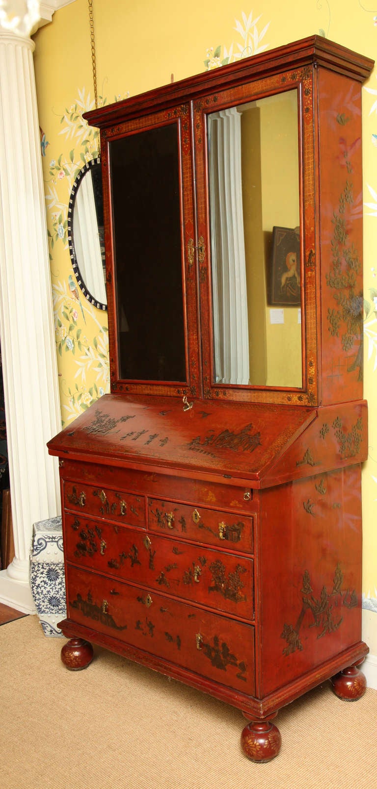 British William & Mary Red and Polychrome Japanned Bureau Bookcase, English, circa 1690 For Sale