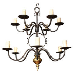 Two-Tier Hand-Forged Iron and Brass Twelve-Light Chandelier