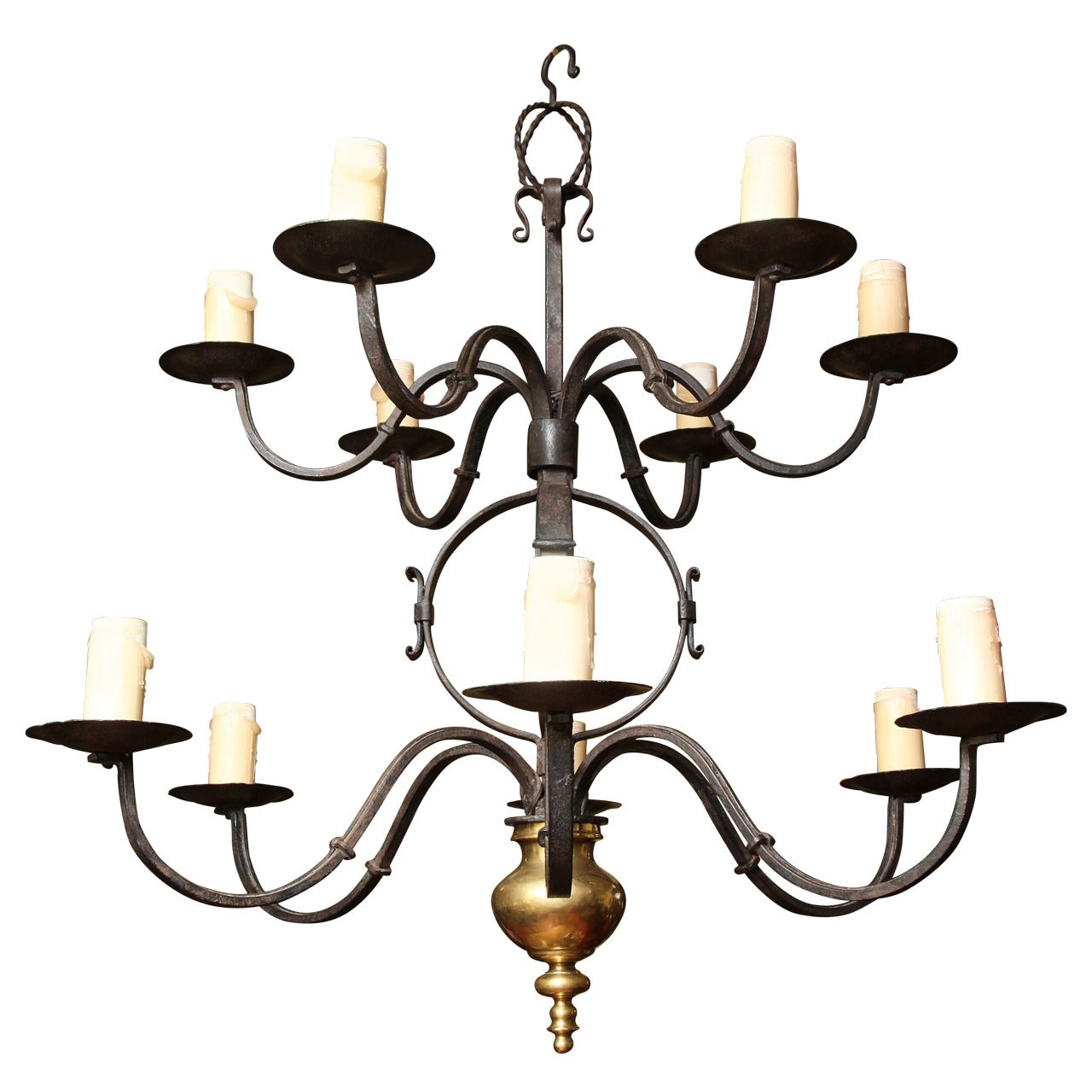 Two-Tier Hand-Forged Iron and Brass Twelve-Light Chandelier For Sale