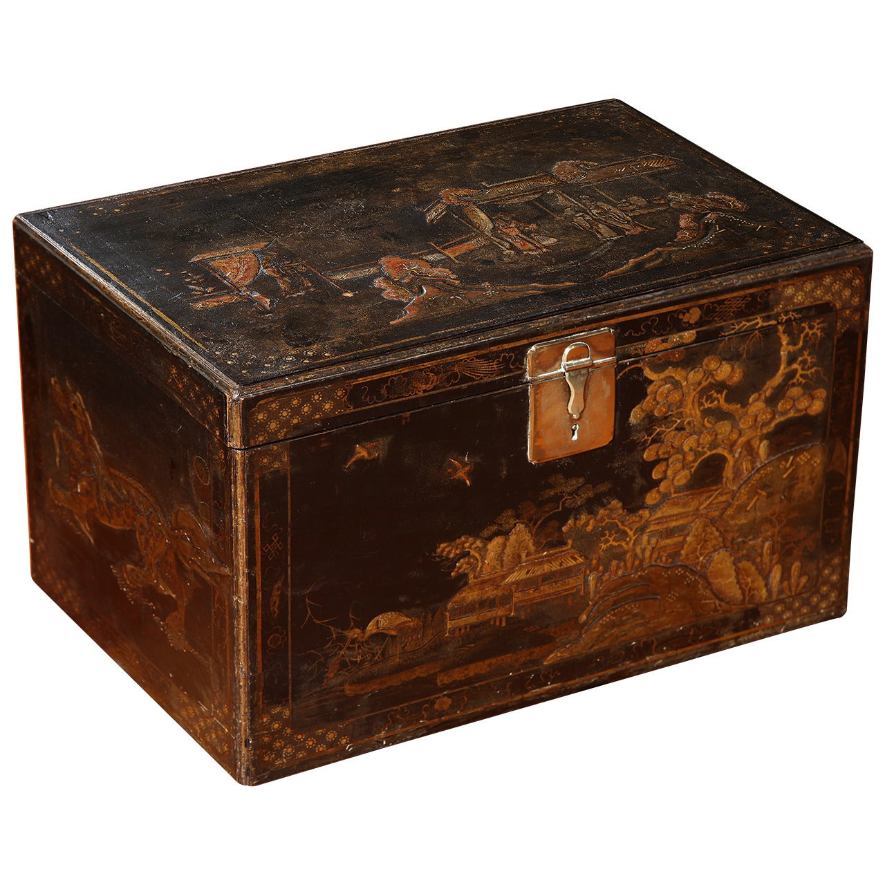 Queen Anne Japanned Chinoiserie Coffer with Hinged Lid English, circa 1705