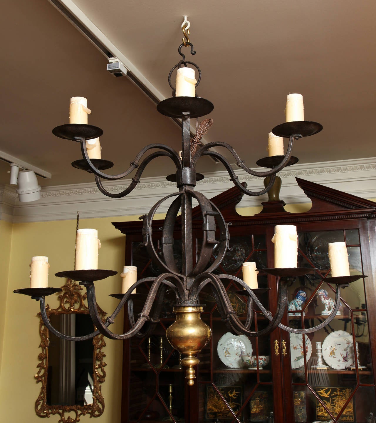 Cast Two-Tier Hand-Forged Iron and Brass Twelve-Light Chandelier For Sale