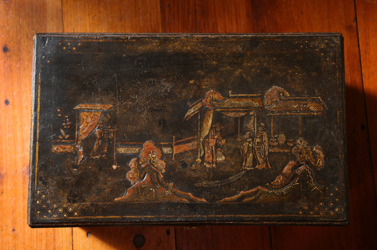 Cast Queen Anne Japanned Chinoiserie Coffer with Hinged Lid English, circa 1705