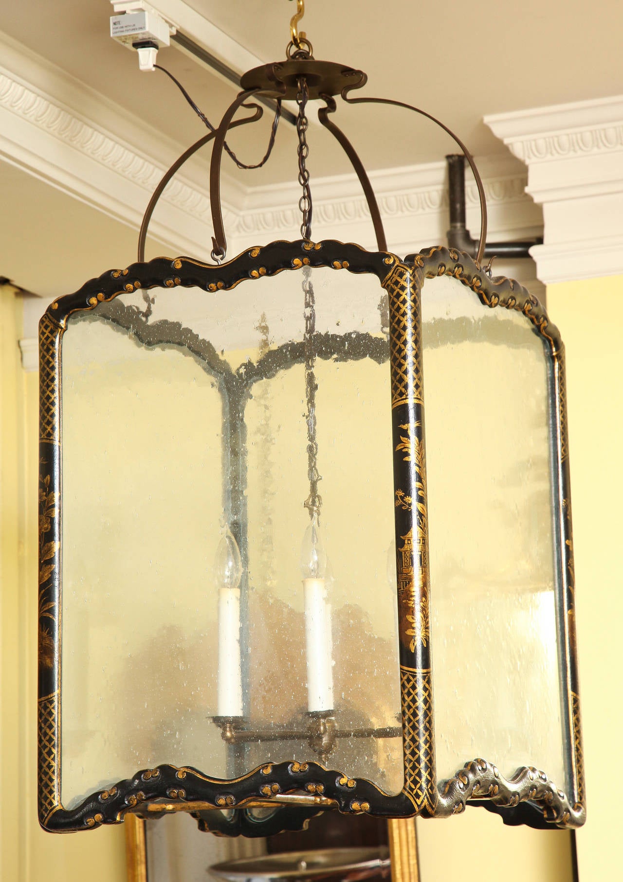 Large chinoiserie black lacquer rectangular hall lantern having shaped rounded corner uprights decorated with a central cartouche of foliate and floral sprays diaper pattern border, the shaped and rounded top and bottom rails carved with gilt cloud