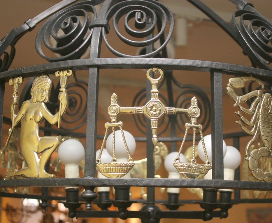 Wrought Iron Hand crafted vintage iron and brass zodiac chandelier c.1950