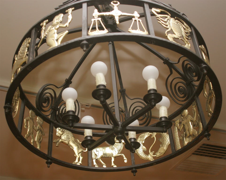 Hand crafted vintage iron and brass zodiac chandelier c.1950 1