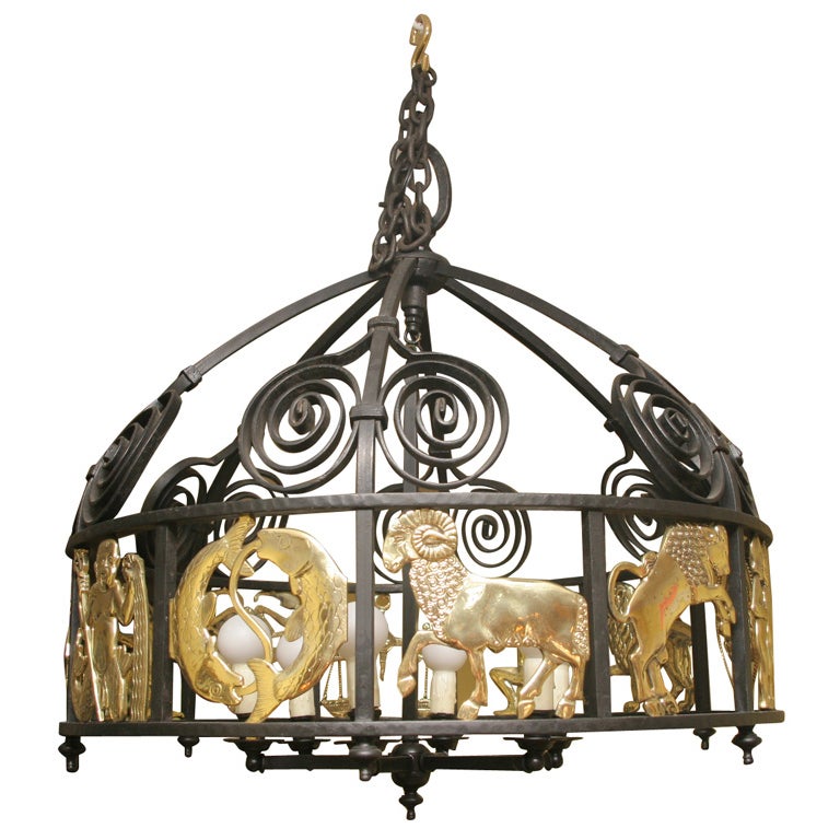 Hand crafted vintage iron and brass zodiac chandelier c.1950