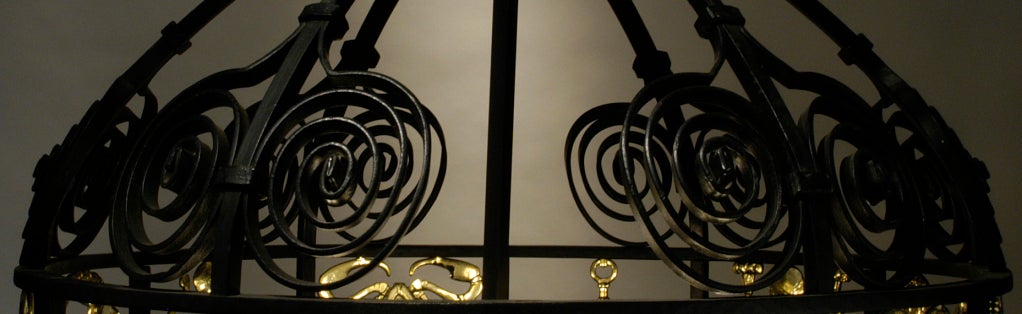 Hand crafted vintage iron and brass zodiac chandelier c.1950 4