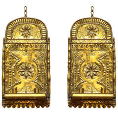 Pair of Antique Repoussé Brass Star and Heart Wall Sconces, Dutch, circa 1880