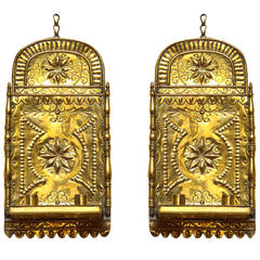 Pair of Antique Repoussé Brass Star and Heart Wall Sconces, Dutch, circa 1880