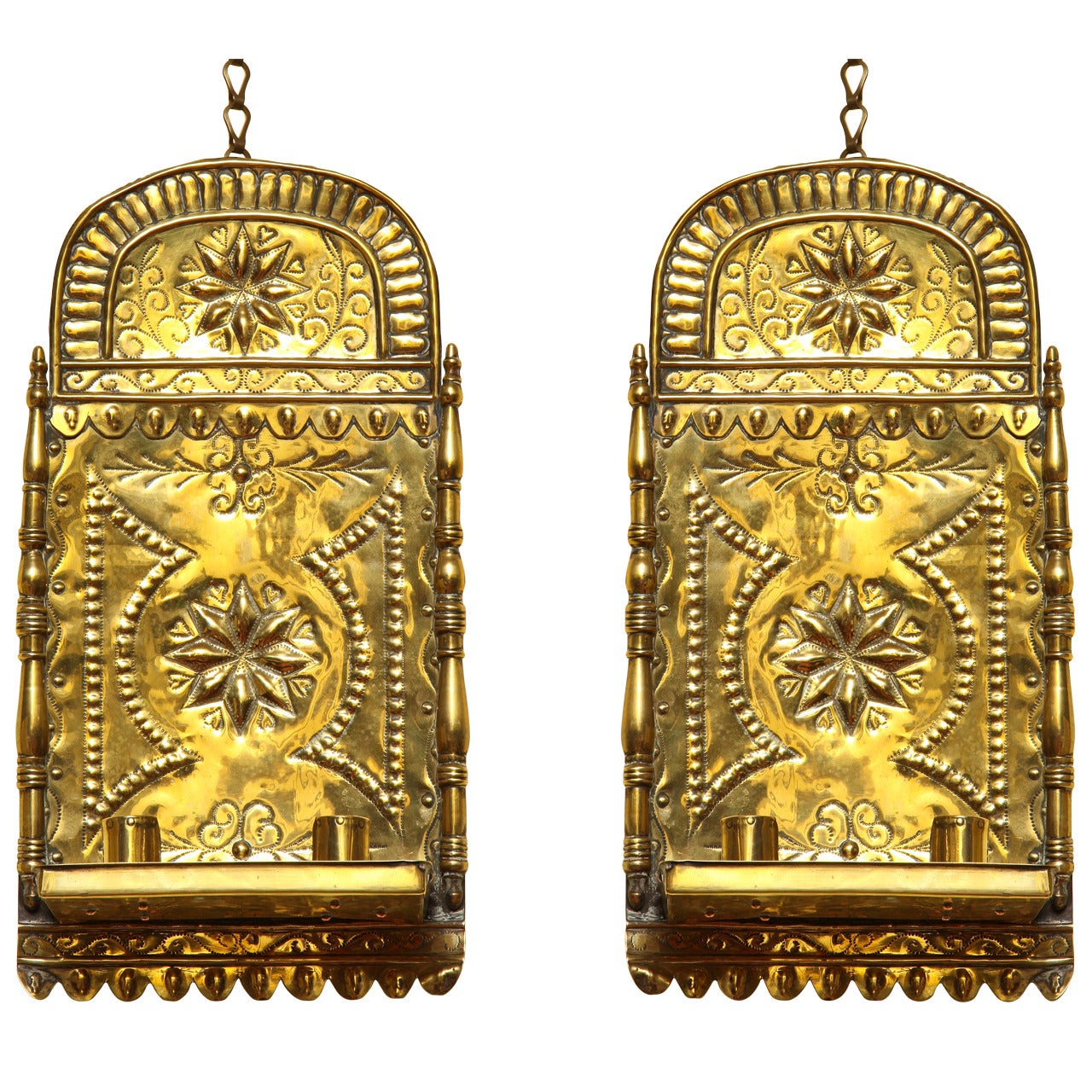 Pair of Antique Repoussé Brass Star and Heart Wall Sconces, Dutch, circa 1880 For Sale