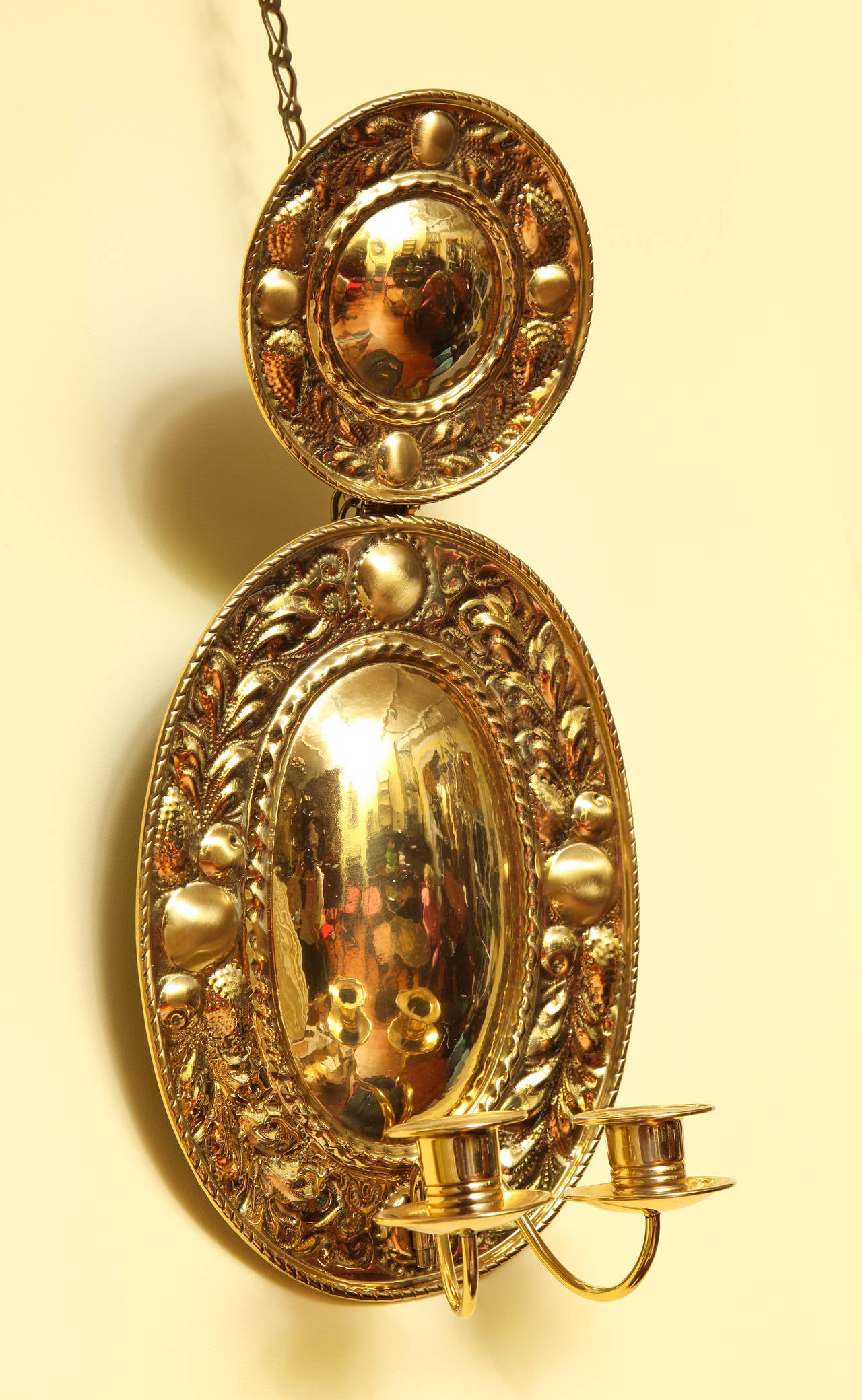 Baroque Pair of Antique Repoussé Brass Sconces, Dutch or English, circa 1880 For Sale