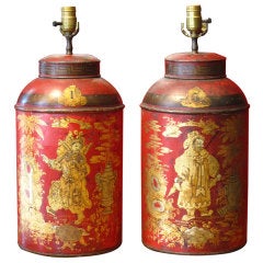 Pair Antique Regency Red Japanned Tea Cannister Lamps
