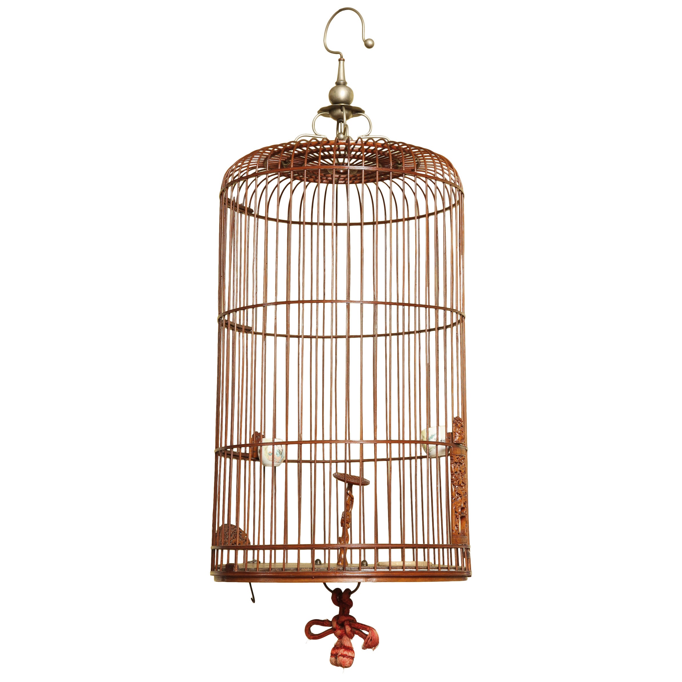 Antique Carved Wood and Turned Bamboo Birdcage, Chinese, circa 1890 For Sale